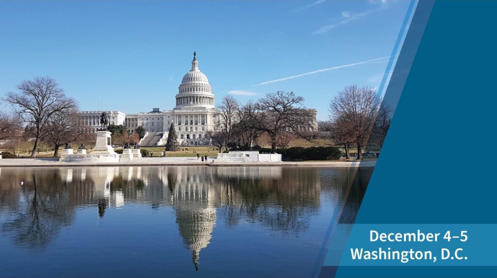 Promotional slide for ACS NLCRT Annual Meeting. Image of the US Capitol building. Text: December 4-5 Washington, DC. Subtitle: Pathways of Care: Focusing on the Patient Experience Across the Care Continuum